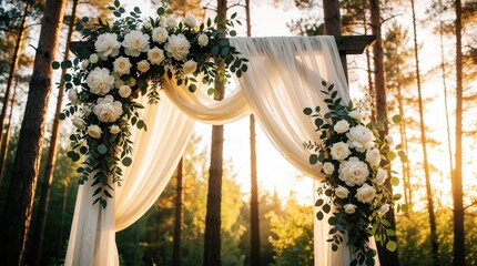 Obraz premium Elegant wedding arch with white roses, green leaves stands in pine forest. Soft white fabric drapes over wooden structure during golden hour. Romantic ceremony decor glows under warm sunset light in
