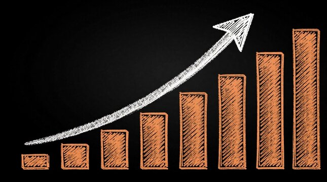 Hand drawn orange bar chart shows steady growth on black background. White arrow points upward showing progress, success. Financial doodle graph rising profit, business trends, positive economy,