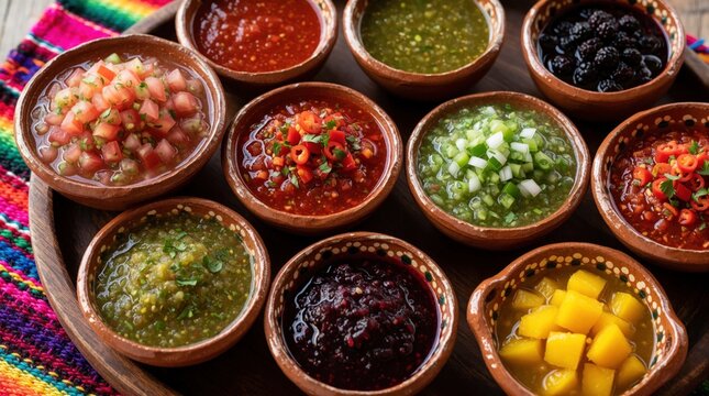 Assortment of traditional Mexican salsas in small rustic clay bowls. Various colorful sauces include tomato pico de gallo, green tomatillo, spicy red chili, fruit dips like mango blackberry. Fresh