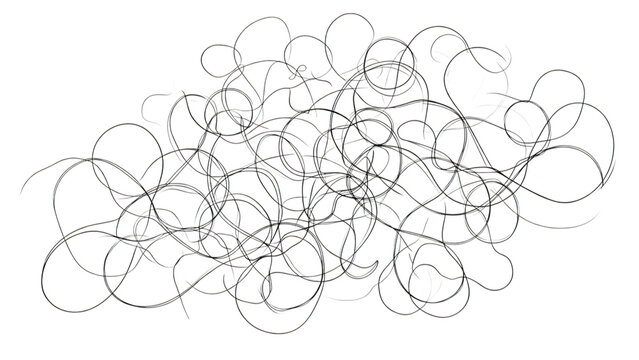 Tangled thin grey thread strands in a chaotic pattern against a neutral surface