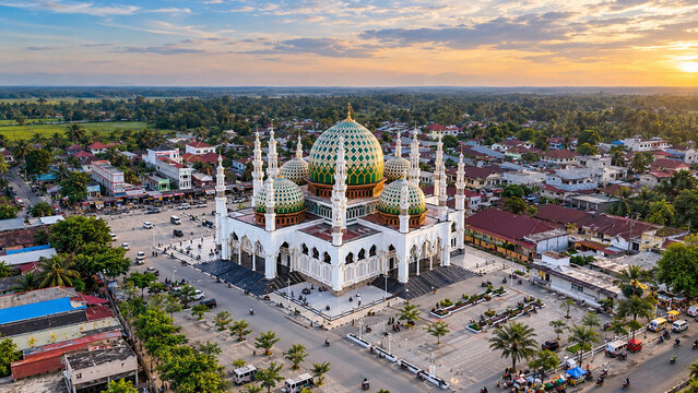 Aerial View of Grand Mosque with Green Dome in Panton Labu, Aceh, Indonesia