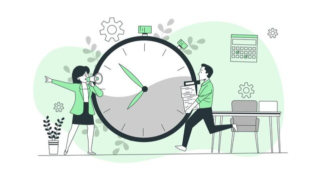 Two people working with a large clock. Business and productivity concept for corporate marketing, time management, and success visuals