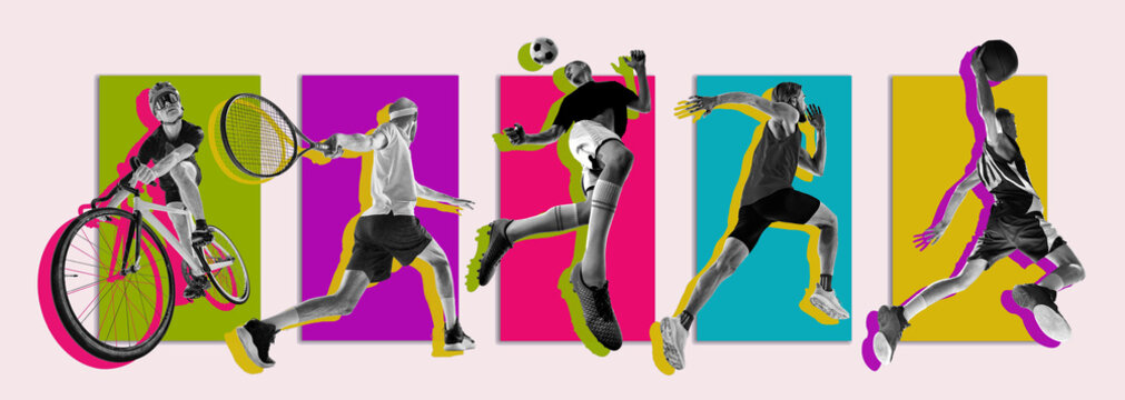 Cyclist tennis soccer player runner and basketball athlete cross vivid graphic panels with focused drive. Sports variety, modern training, dynamic editorial concept