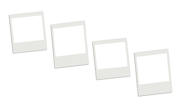 Four blank polaroid photo frames with subtle shadows arranged diagonally on transparent grid background for creative scrapbook design.
