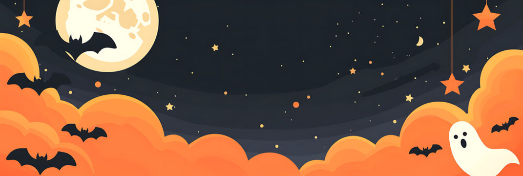 Clean minimalist flat vector Halloween web banner background featuring a full moon and orange clouds