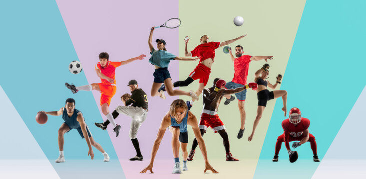 Large group of athletes performs different sports on pastel geometric stage with energetic teamwork. Community sport, active culture, athletic inclusion concept