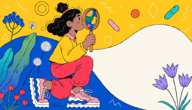 Curious little girl holding magnifying glass, exploring nature with colorful plants, abstract shapes, and playful background, expressing wonder and discovery
