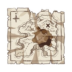 Ancient fantasy treasure map on weathered parchment, depicting rugged mountains, winding paths, cliffs, a mysterious cave, compass, and a marked treasure location. © Umm Hamzah