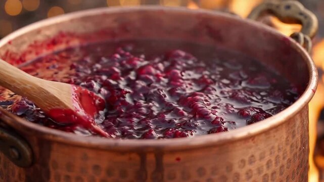 Berry jam simmers in a copper pot as a wooden spoon stirs and lifts the fruit mixture. Homemade preserve cooking and traditional food preparation.
