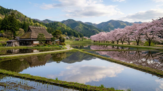 日本の茅葺屋根のある風景