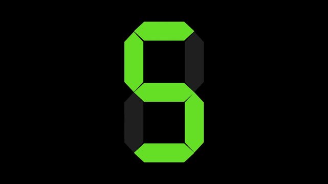 Motion graphics animation of red digital numbers counting from 1 to 9 on a solid black background. Retro seven-segment electronic display style, perfect for timers, countdowns, scoreboards, and techno