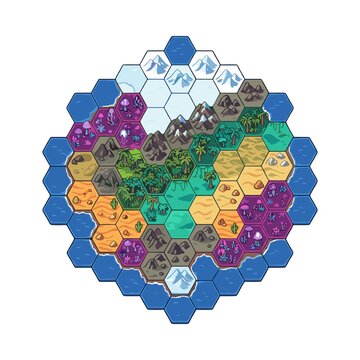 Colorful hexagonal fantasy map featuring diverse biomes, including icy mountains, forests, deserts, wetlands, caves, and surrounding ocean tiles.
