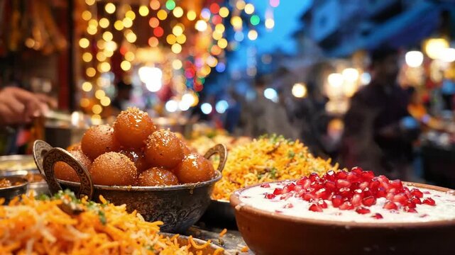 Photorealistic Food Stall at Dev Deepawali with Bowls of Kachori and Chaat Topped with Yogurt