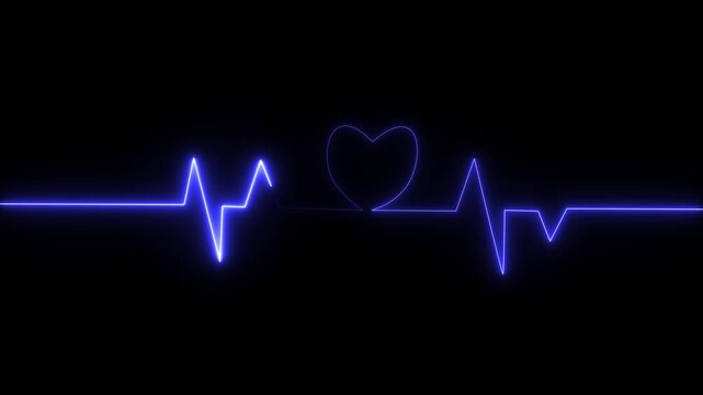 heartbeat icon royal blue color animation. Neon beautiful love heartbeat 4k video black background.