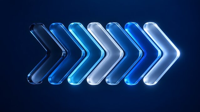 Row of seven glowing blue and frosted white glass chevron arrows pointing right against a dark blue backdrop representing continuous flow and progression