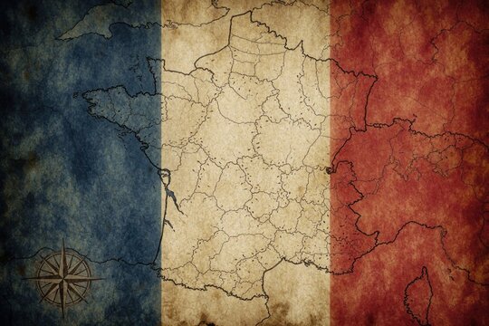 Vintage map of France with national flag colors on old cracked paper. French tricolor overlay shows country borders, regions. Antique parchment texture with compass rose symbol represents history,