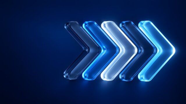 Five translucent glass chevron arrows with glowing blue and white neon edges pointing right on a dark background symbolizing forward progress and workflow