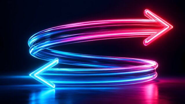 Glowing neon blue and pink curved arrows pointing in opposite directions on a dark reflective surface representing data exchange and digital conversion