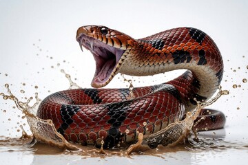 Fototapeta premium Angry snake with open mouth splashes in muddy water. Venomous reptile attacks with wide jaws in liquid. Close up of dangerous viper striking through brown splash against white background. Wild animal