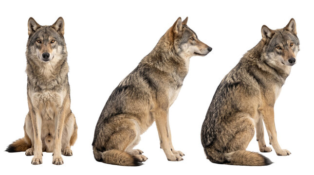 Three Poses of Grey Wolf on Isolated Transparent Background