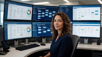 Fototapeta premium Female claims specialist monitors AI driven medical prior authorization workflow on large curved monitor array. Pro woman manages automated health insurance triage process using advanced software
