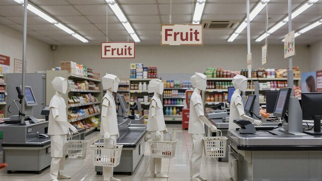 Paper cutout shoppers queue at supermarket checkout under Fruit sign.