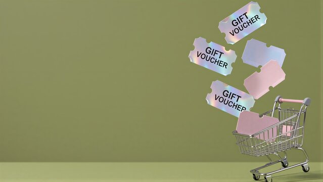 Gift vouchers tumble into a shopping cart, symbolizing retail rewards and festive gifting.