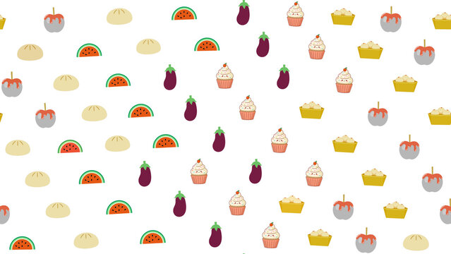 Seamless pattern of food icons: apples, dumplings, watermelon