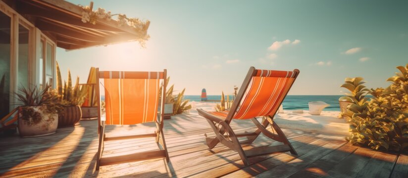 Two empty deck chairs on a wooden deck overlooking the ocean at sunset.