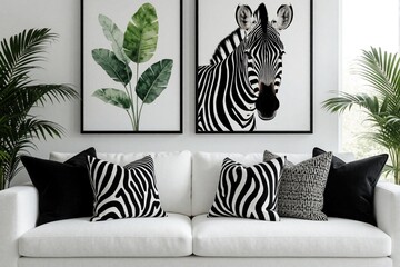 Obraz premium Modern living room interior with white sofa, zebra pattern pillows. Large botanical leaf art, zebra portrait hang on wall. Green palm plants decorate cozy apartment space with monochrome decor, chic