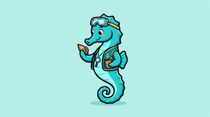 Cute cartoon seahorse explorer holding shell and notebook © shudson