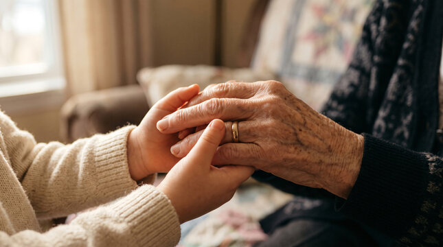 Young person holding hands with an elderly person wearing a wedding ring to show care and support
