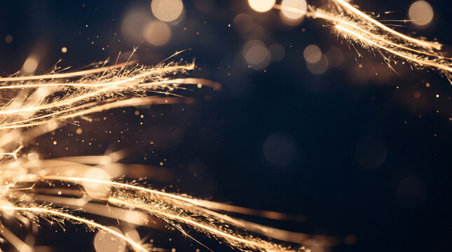Bright burning sparkler trails against a dark night sky with warm golden bokeh lights