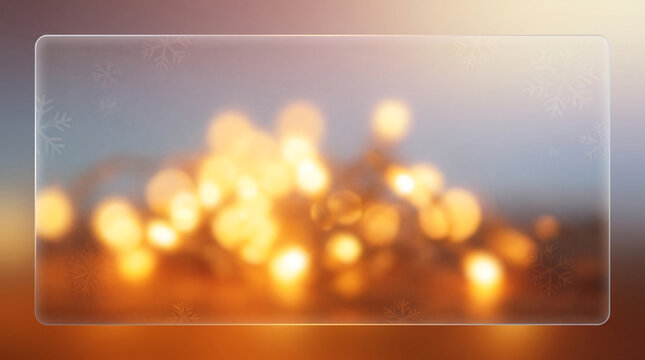 Blank frosted glass frame mockup with snowflake patterns over a warm glowing Christmas bokeh background