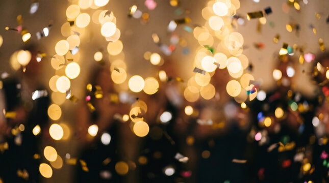 Festive party celebration background with falling confetti and glowing golden bokeh lights