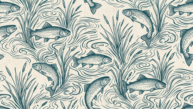 Seamless vintage pattern with jumping trout fish, reeds, and swirling water in teal blue on cream textured background.


