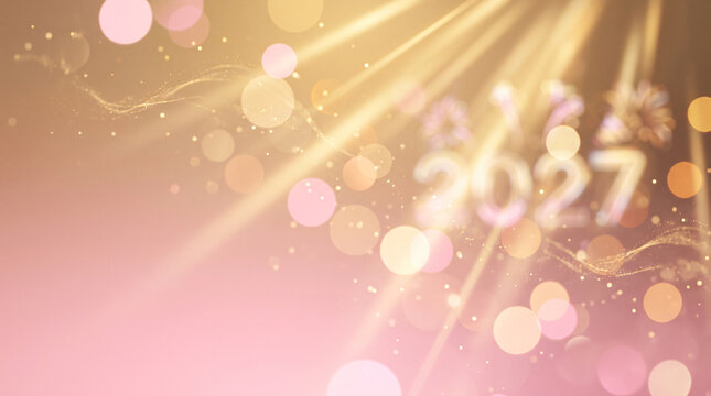 Blurred abstract 2027 New Year text with sparkling bokeh and golden light rays on a pink background