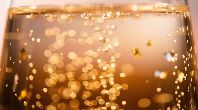 Macro close up of golden champagne bubbles sparkling in a glass