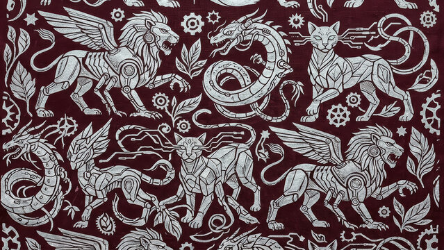 Seamless pattern with robotic mechanical animals including winged lions, dragons, and cats in silver on dark maroon fabric background.