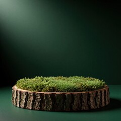 Obraz premium Natural wooden podium with green moss, tree bark texture. Eco friendly platform stands on dark green background. Empty forest stage for organic cosmetic product display wellness brand mockup with