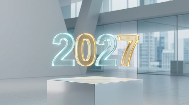 Futuristic glass 2027 text floating on a white pedestal in a modern office space