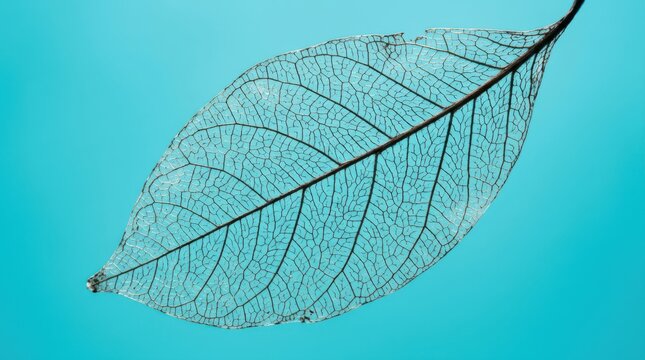 A delicate skeleton leaf with intricate veins isolated on a vibrant blue background