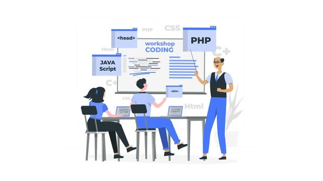 PHP coding workshop with developers. Technology and coding concept for IT marketing, software development, and programming presentations