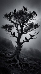 Fototapeta premium Black crows sit on gnarled tree branches in foggy mountain landscape. Dark silhouette of birds on old twisted tree against misty sky. Eerie monochrome nature scene with wild crows in moody winter