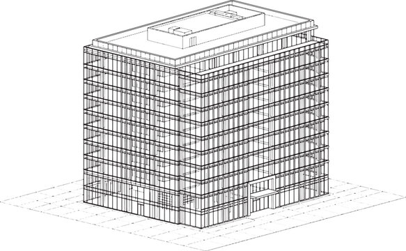 Isometric Wireframe Drawing of a Modern Multi-Story Office Building Structure