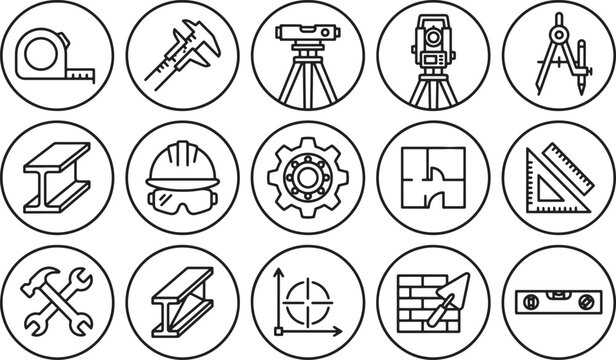 Set of fifteen construction and engineering line icons in circular frames for technical projects and industrial design documentation