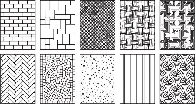 Set of Ten Geometric Texture Patterns and Architectural Surface Designs in Black and White Vector Illustration