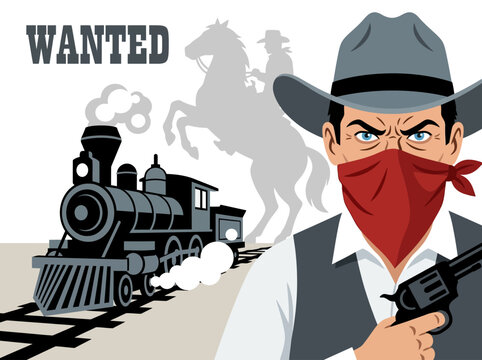 Western Cowboy Bandit Illustration with Revolver and Steam Train - Outlaw Masked Man Wanted Poster Concept