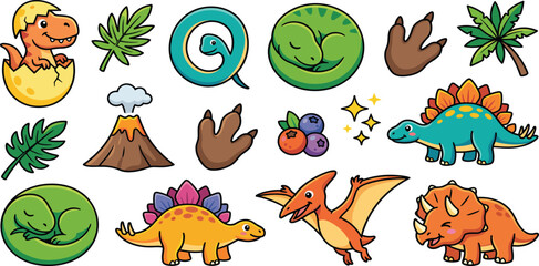 Cute Cartoon Dinosaur Vector Icon Set Featuring Stegosaurus Triceratops Pterodactyl Baby Hatchling Volcano Footprints and Palm Leaves for Kids Graphic Designs © Sahin