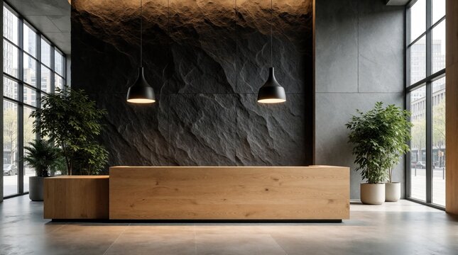 Modern office lobby features minimalist wooden reception desk in bright room. Dark textured stone wall stands behind counter with two black pendant lights. Large windows show city view, bringing